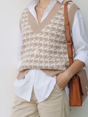 Abercrombie & Fitch Houndstooth Sweater Vest XL Beige Cream Knit Preppy